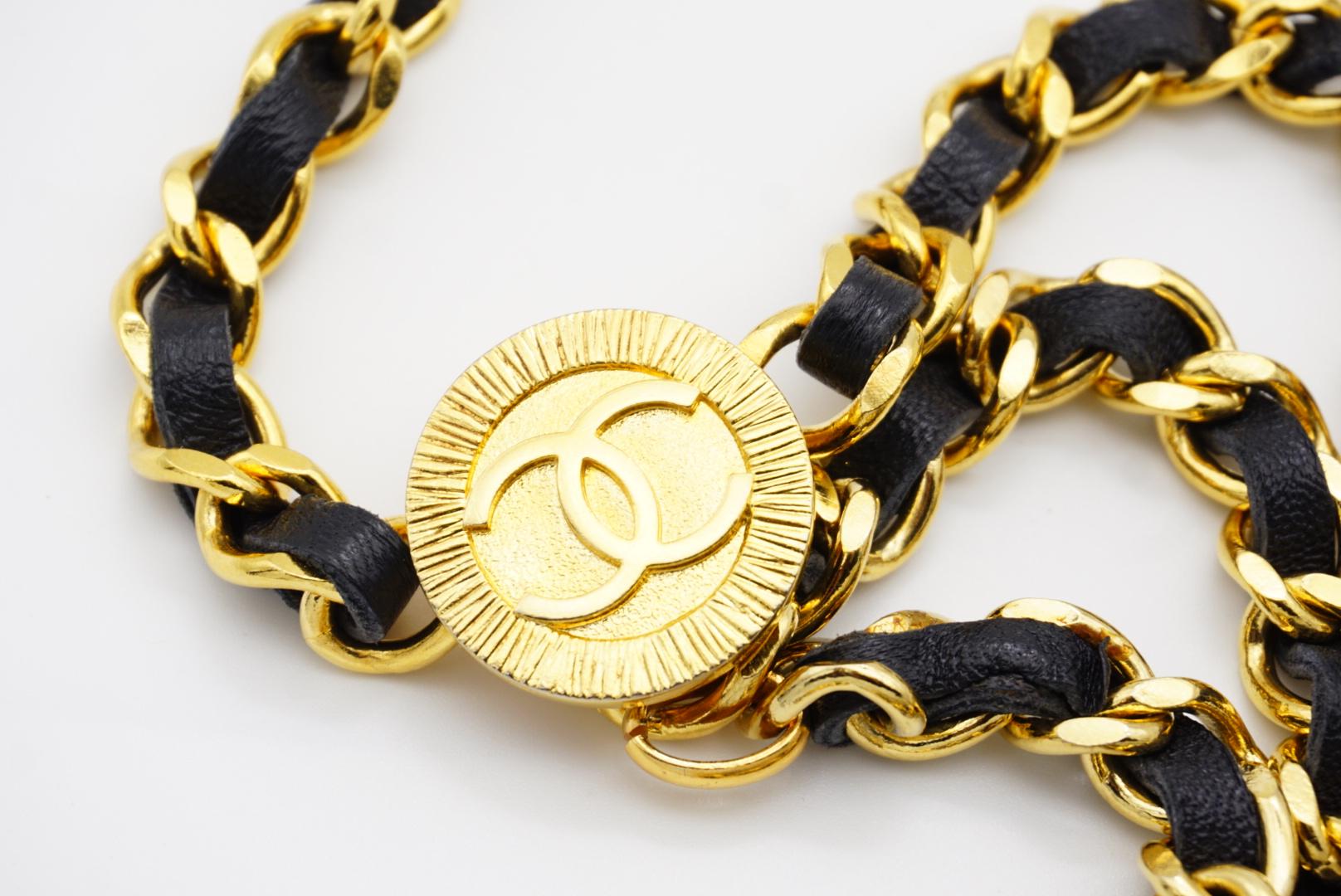 Chanel Vintage 1984 Medallion CC Logo Black Leather triple Strand Necklace Belt 10