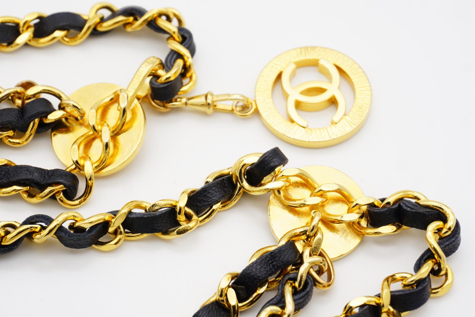 Chanel Vintage 1984 Medallion CC Logo Black Leather triple Strand Necklace Belt 11
