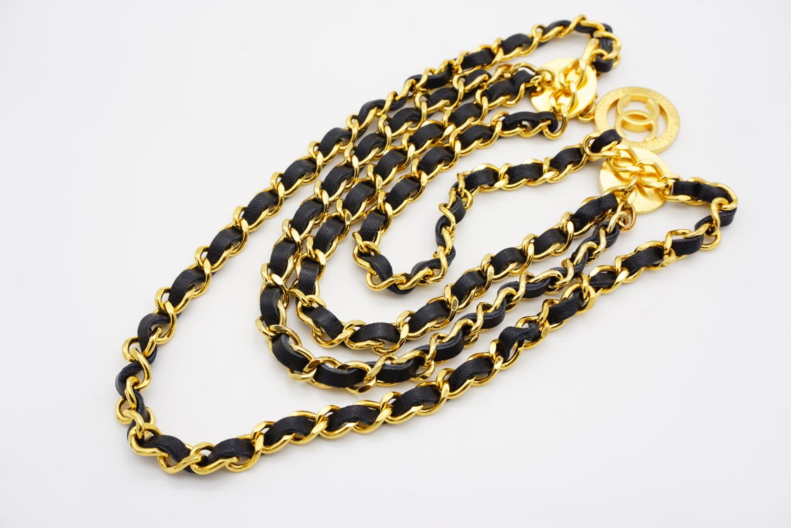 Chanel Vintage 1984 Medallion CC Logo Black Leather triple Strand Necklace Belt For Sale 12