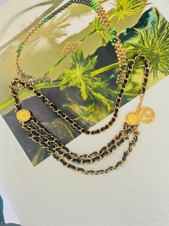 Chanel Vintage 1984 Medallion CC Logo Black Leather triple Strand Necklace Belt