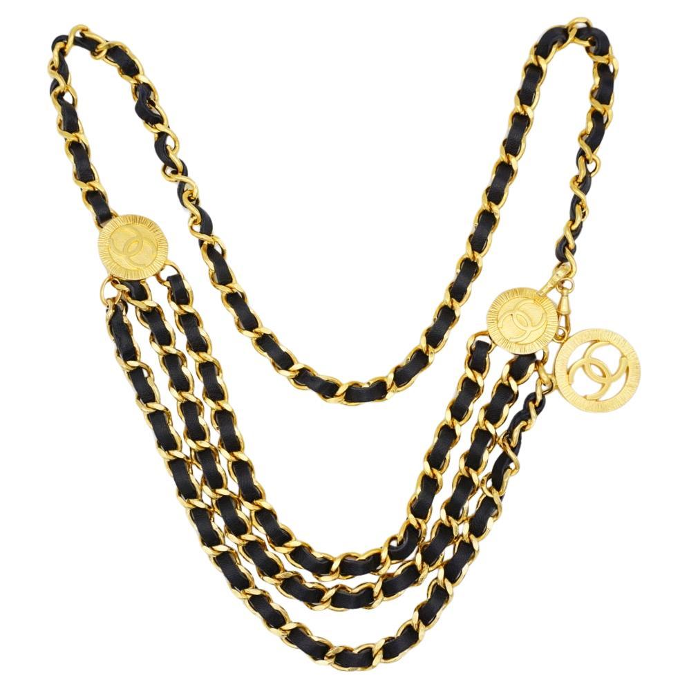 Chanel Vintage 1984 Medallion Iconic CC Logo Black Leather triple Strand intertwined Chain Link Necklace Belt, Gold Plated

Very excellent condition. Not any scratches or colour loss, 100% Genuine. 

Can be used as necklace too. Versatile belt. 