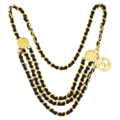Chanel Vintage 1984 Medallion CC Logo Black Leather triple Strand Necklace Belt
