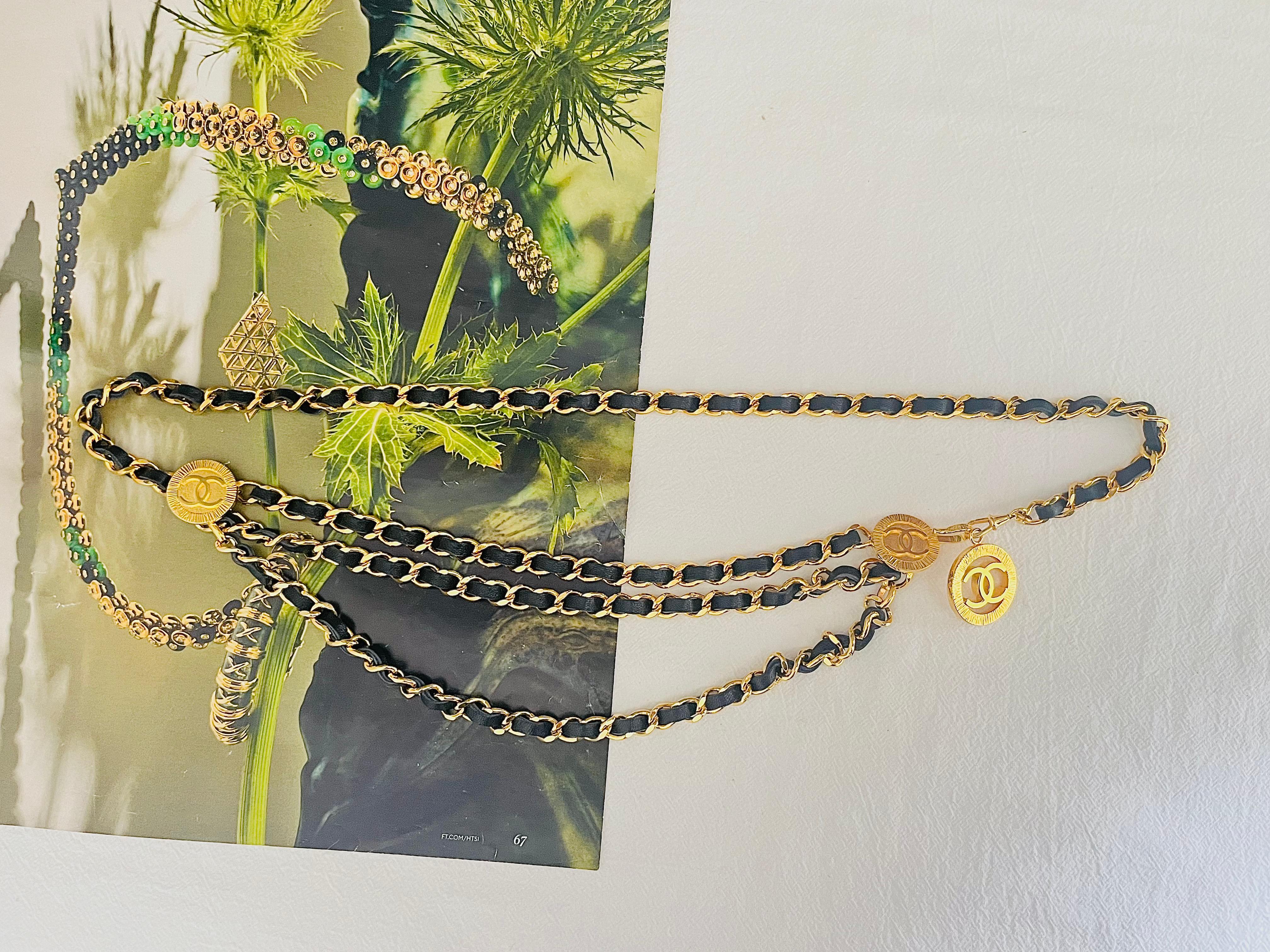 Beige Chanel Vintage 1984 Medallion CC Logo Black Leather triple Strand Necklace Belt