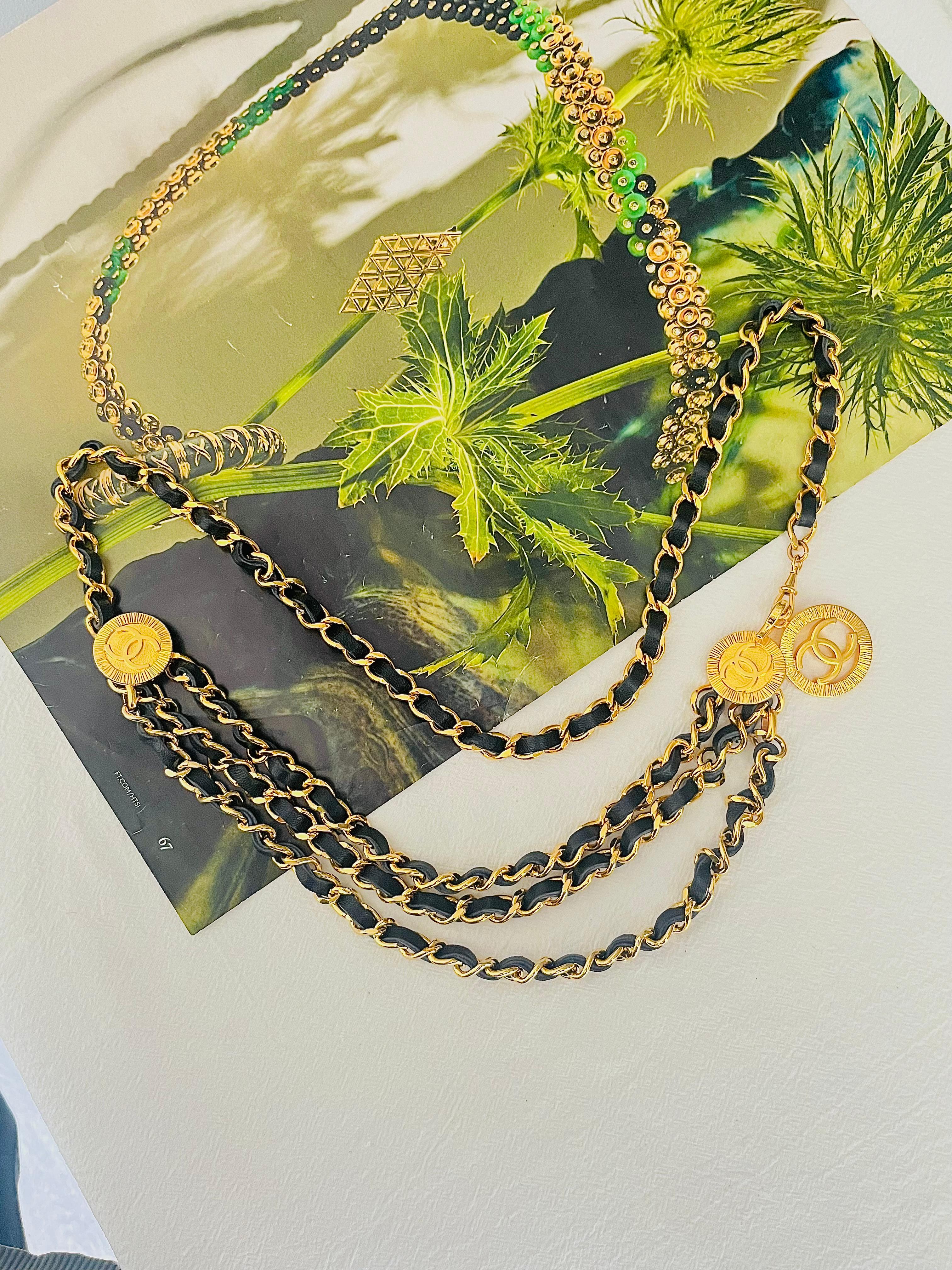 Beige Chanel Vintage 1984 Medallion CC Logo Black Leather triple Strand Necklace Belt For Sale