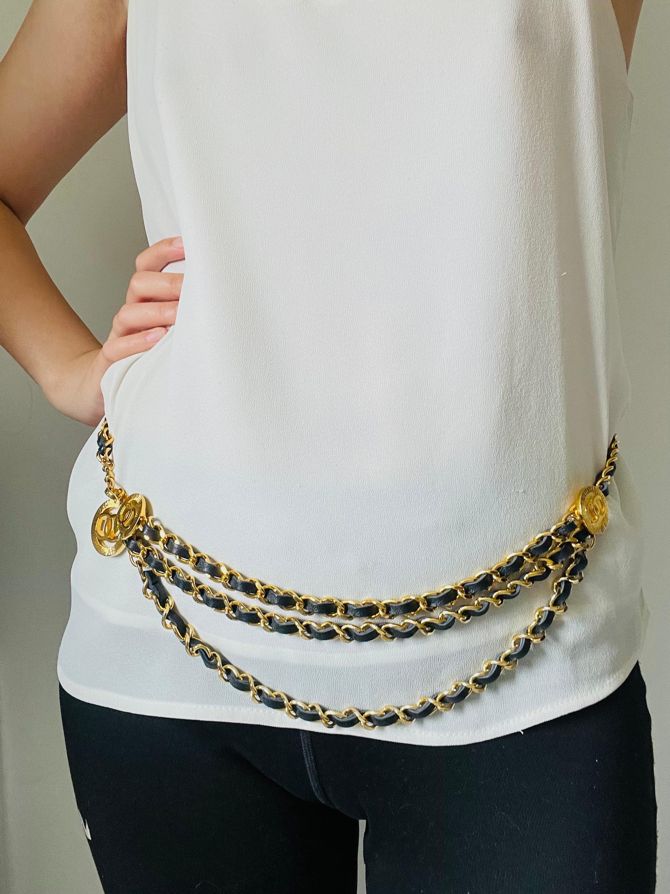 Chanel Vintage 1984 Medallion CC Logo Black Leather triple Strand Necklace Belt 1