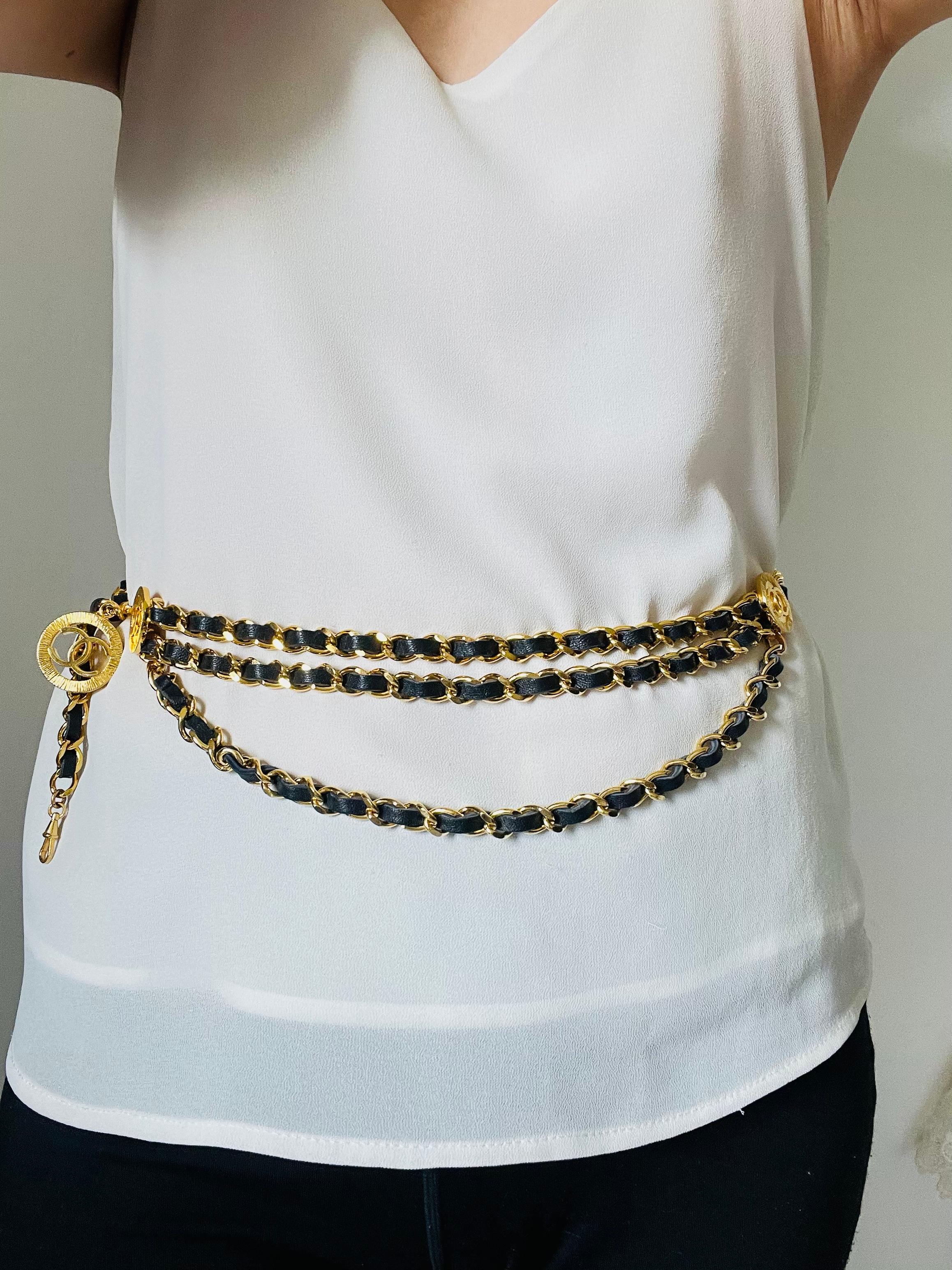 Chanel Vintage 1984 Medallion CC Logo Black Leather triple Strand Necklace Belt 2
