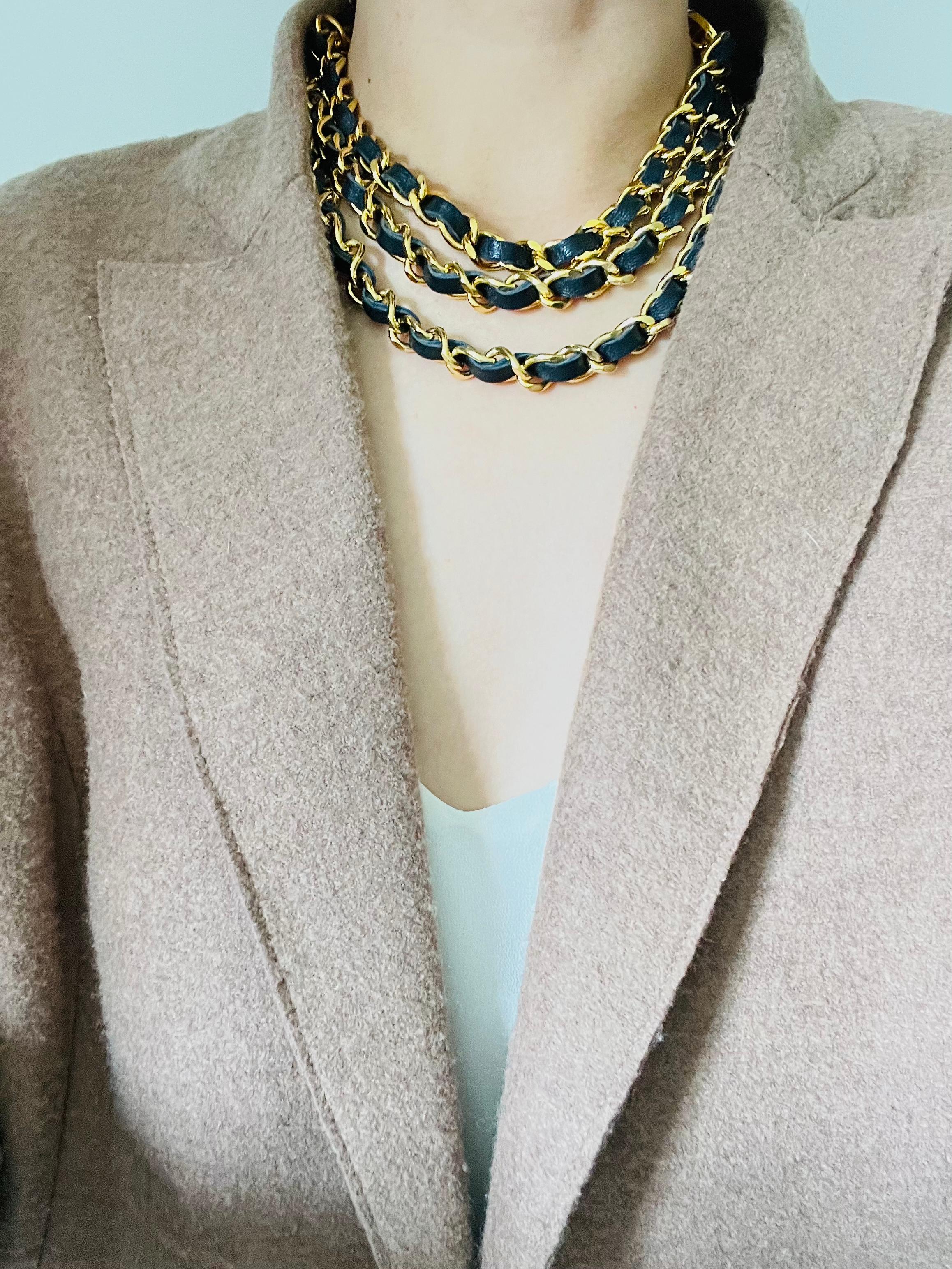 Chanel Vintage 1984 Medallion CC Logo Black Leather triple Strand Necklace Belt 3