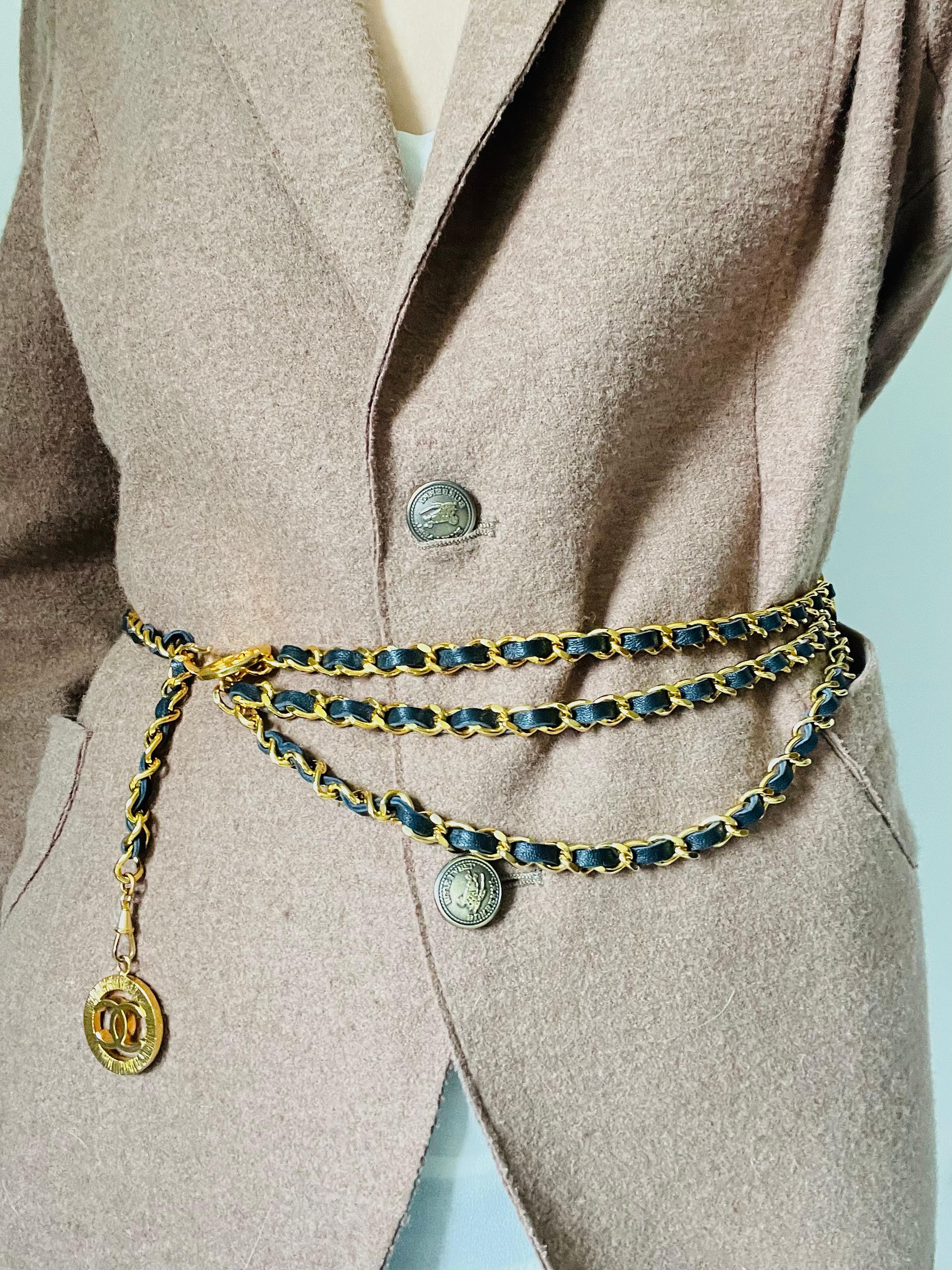 Chanel Vintage 1984 Medallion CC Logo Black Leather triple Strand Necklace Belt 4