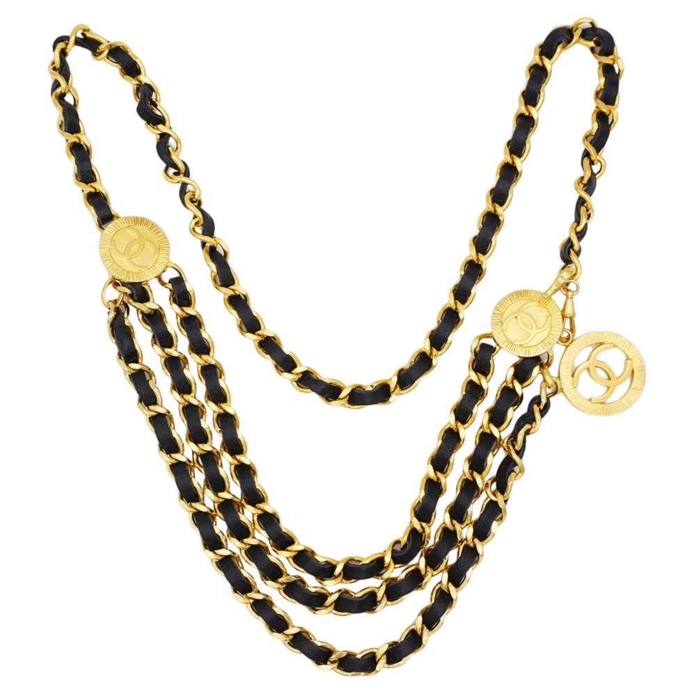 Chanel Vintage 1984 Medallion CC Logo Black Leather triple Strand Necklace Belt For Sale