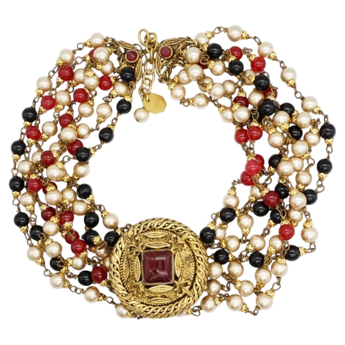 Chanel Vintage 1984 Rare Gripoix Ruby Pearls Onyx Gold Choker Strands Necklace For Sale