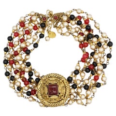 Chanel Vintage 1984 Rare Gripoix Ruby Pearls Onyx Gold Choker Strands Necklace