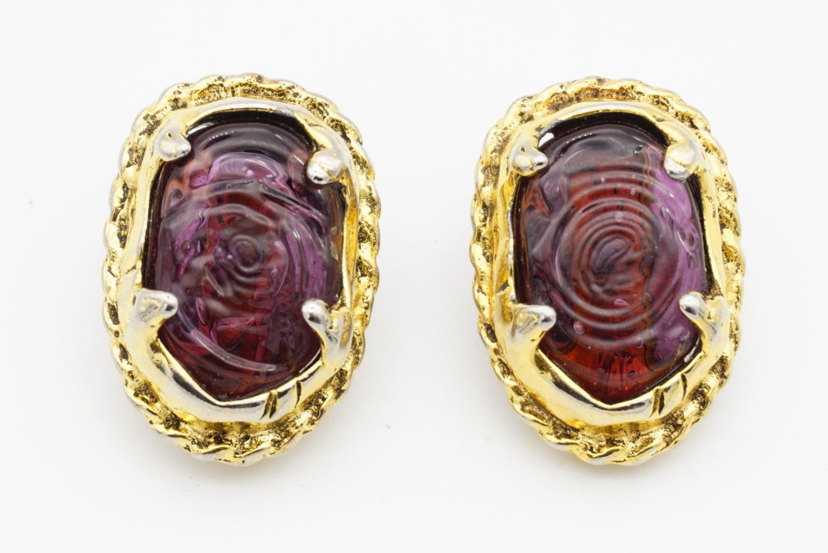 CHANEL Vintage 1985 Gripoix Amethyst Cabochon Crystal Oval Chunky Clip Ohrringe im Angebot 5