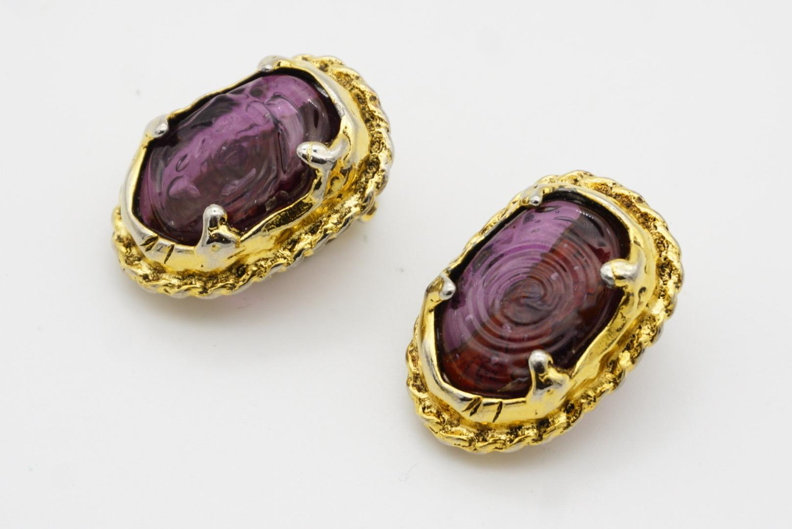 CHANEL Vintage 1985 Gripoix Amethyst Cabochon Crystal Oval Chunky Clip Ohrringe im Angebot 6