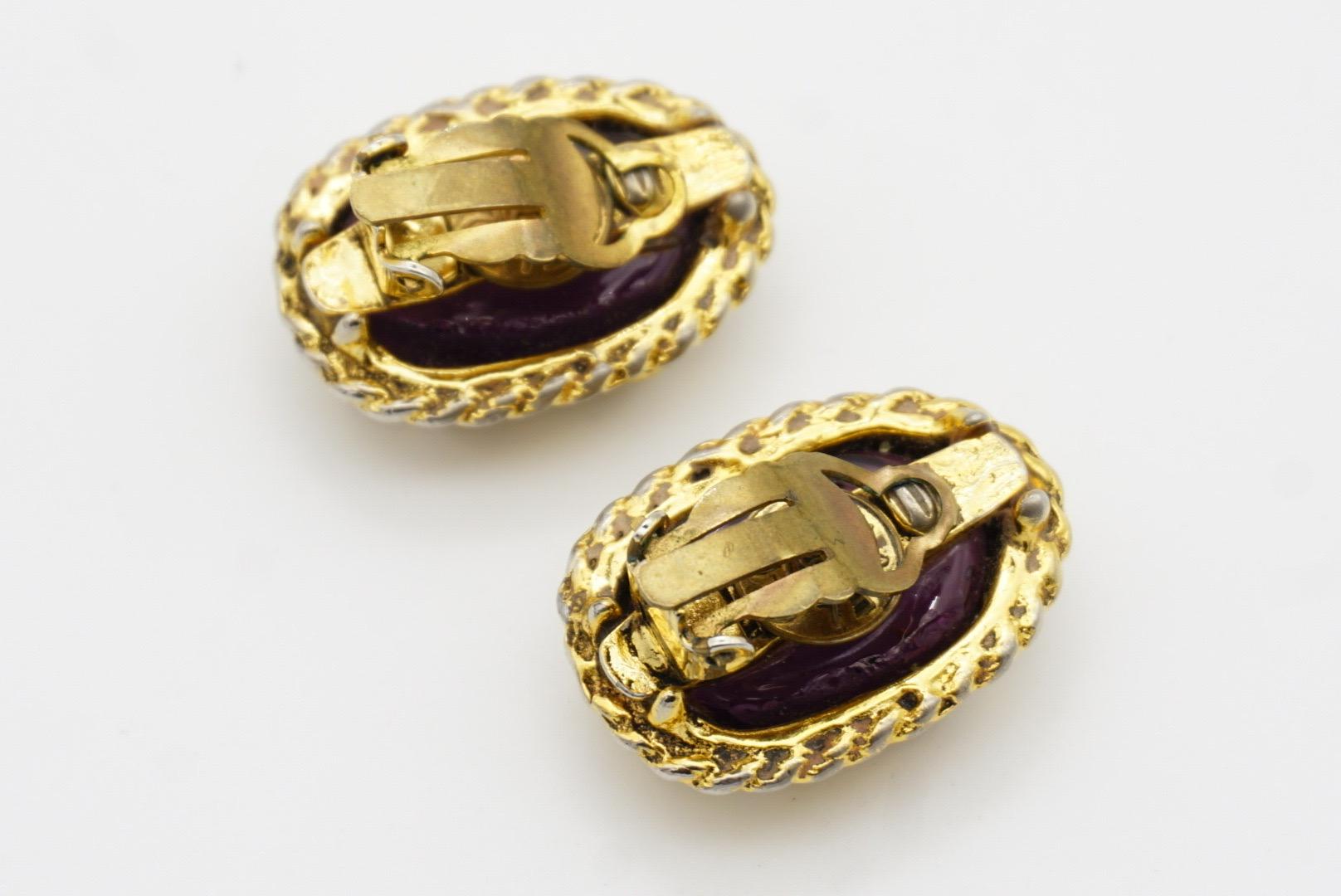 CHANEL Vintage 1985 Gripoix Amethyst Cabochon Crystal Oval Chunky Clip Ohrringe im Angebot 7