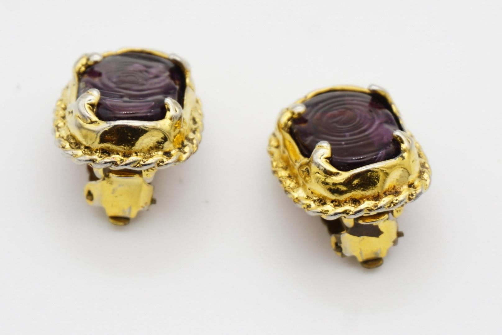 CHANEL Vintage 1985 Gripoix Amethyst Cabochon Crystal Oval Chunky Clip Ohrringe im Angebot 8