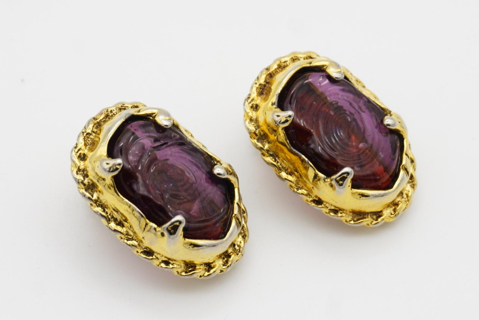 CHANEL Vintage 1985 Gripoix Amethyst Cabochon Crystal Oval Chunky Clip Ohrringe im Angebot 9