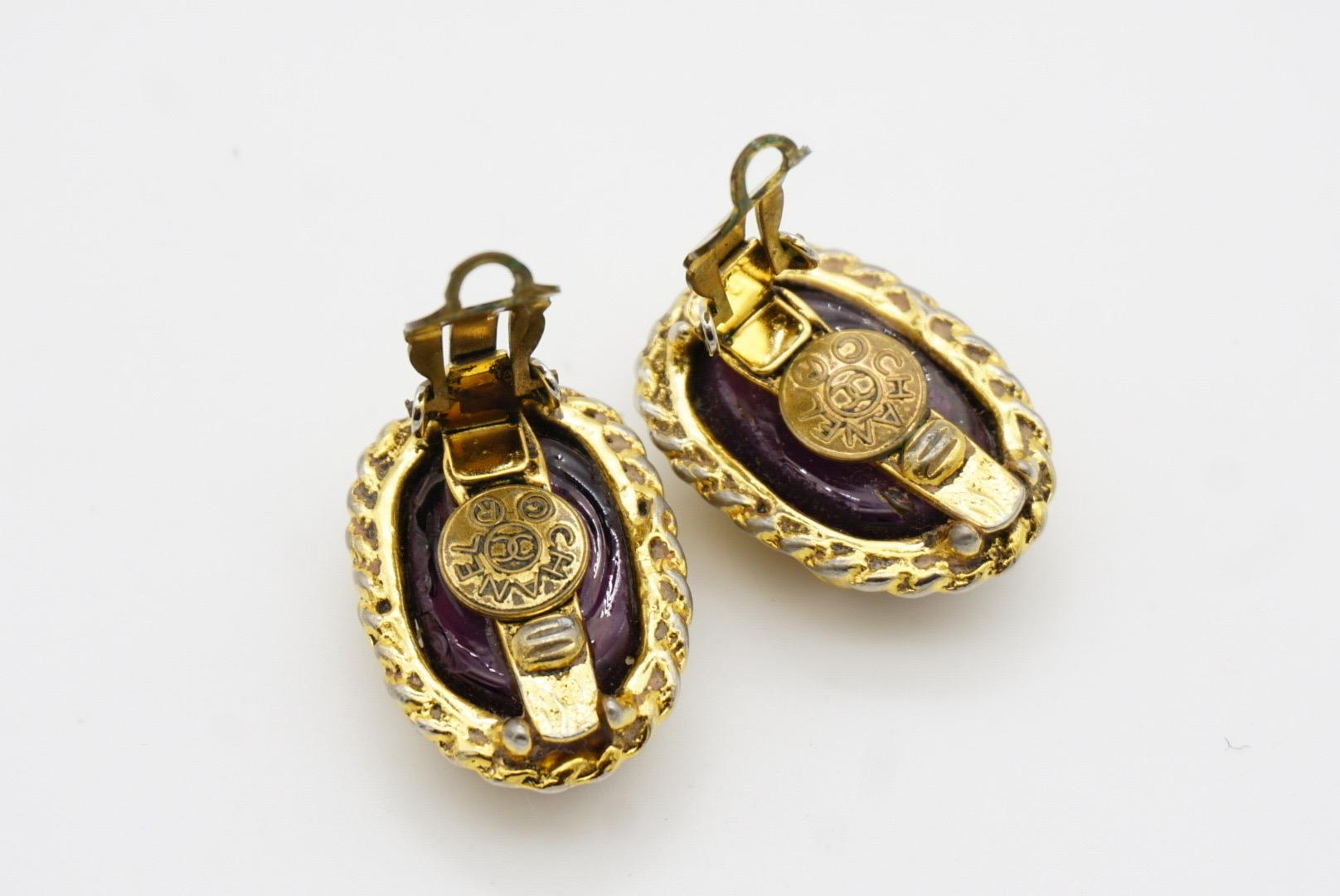 CHANEL Vintage 1985 Gripoix Amethyst Cabochon Crystal Oval Chunky Clip Ohrringe im Angebot 10
