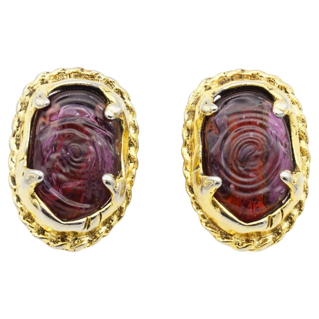 CHANEL Vintage 1985 Boucles d'oreilles Clips Gripoix Améthyste Cabochon Cristal Ovale