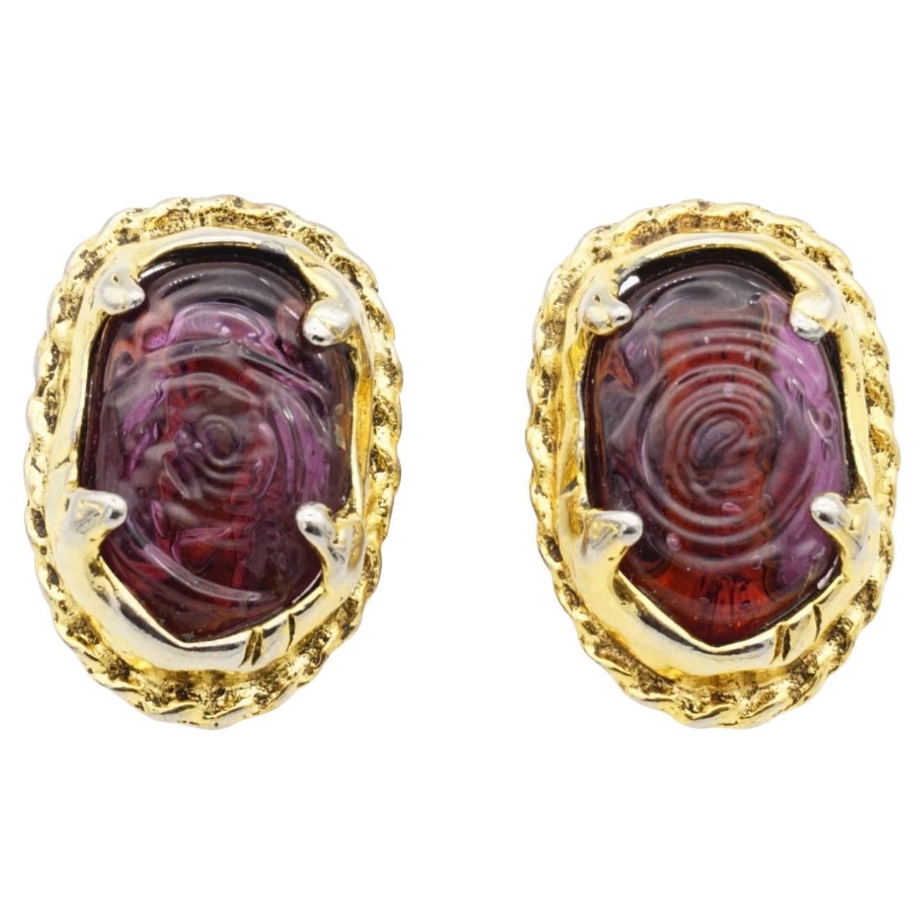 CHANEL Vintage 1985 Gripoix Amethyst Cabochon Crystal Oval Chunky Clip Earrings For Sale