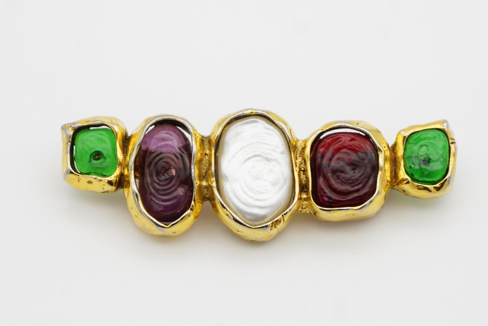 Chanel Vintage 1985 Gripoix Cabochon Ruby Emerald Amethyst White Pearl Brooch For Sale 6