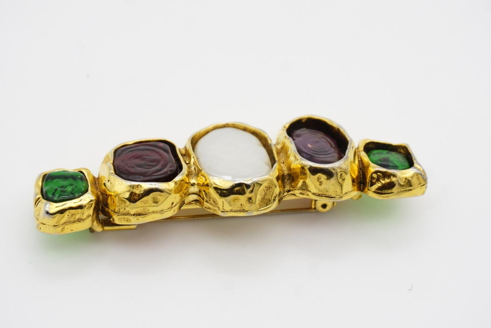Chanel Vintage 1985 Gripoix Cabochon Ruby Emerald Amethyst White Pearl Brooch For Sale 9