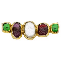 Chanel Vintage 1985 Gripoix Ruby Emerald Amethyst Pearl White Cabochon Brooch