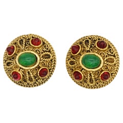 Chanel Vintage 1985 Gripoix Ruby Emerald Karl Lagerfeld Domed Circle Earrings