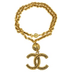 Chanel Vintage 1985 Huge Long Logo CC Coco Barock Anhänger Runde Ball Halskette