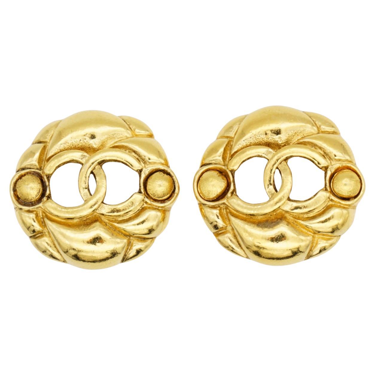 Chanel Vintage 1986 Logo CC Coco Calado Círculo Redondo Doble Punto Clip Pendientes