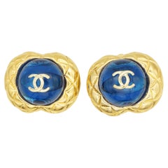 Chanel Vintage 1986 Matelassé Gripoix Sapphire Logo CC Coco Round Fan Earrings