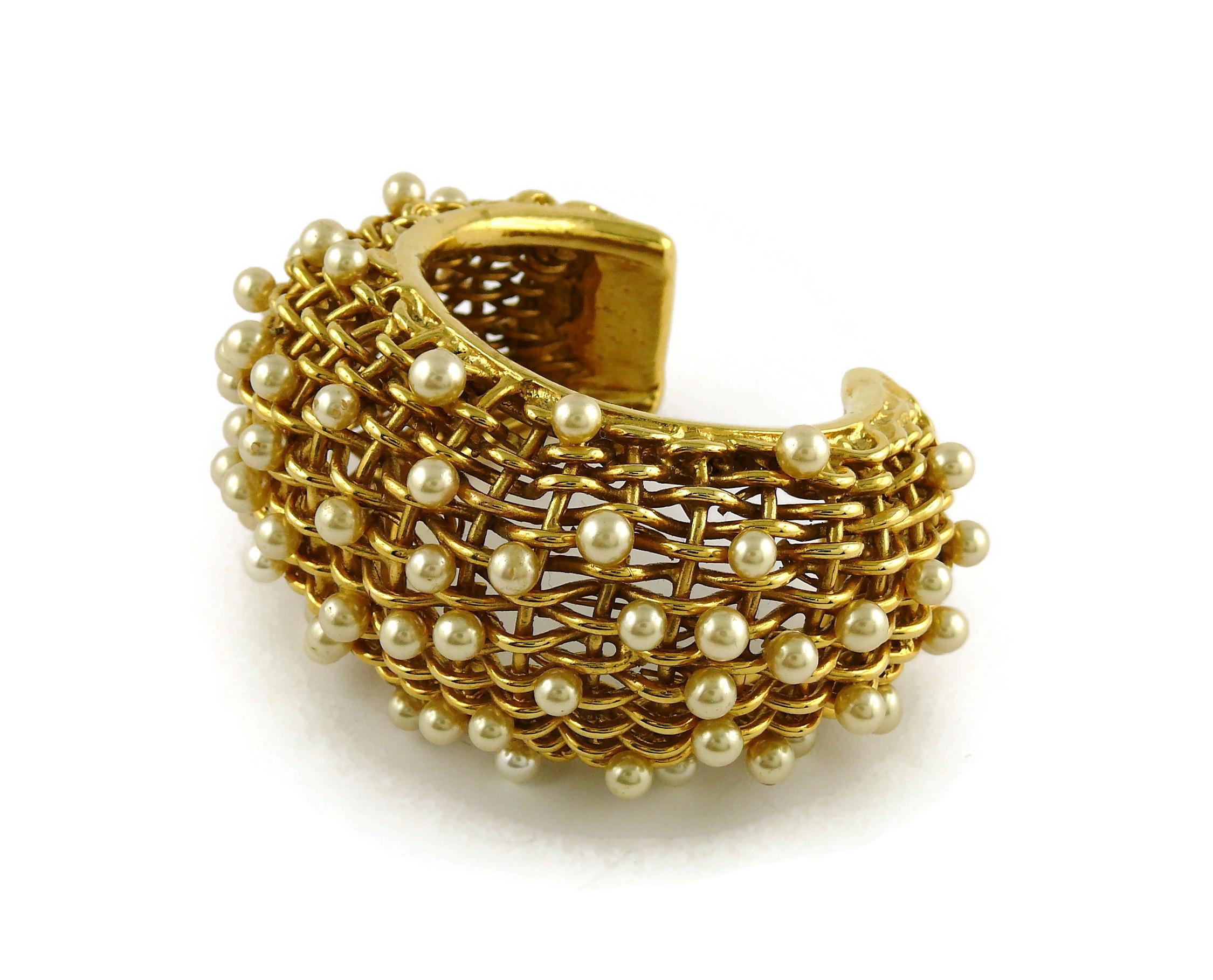 Chanel Vintage 1988 Gold Toned Braided Pearl Wide Cuff Bracelet For Sale 5
