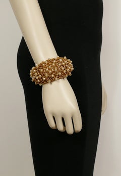 Chanel Vintage 1988 Gold Toned Braided Pearl Wide Cuff Bracelet