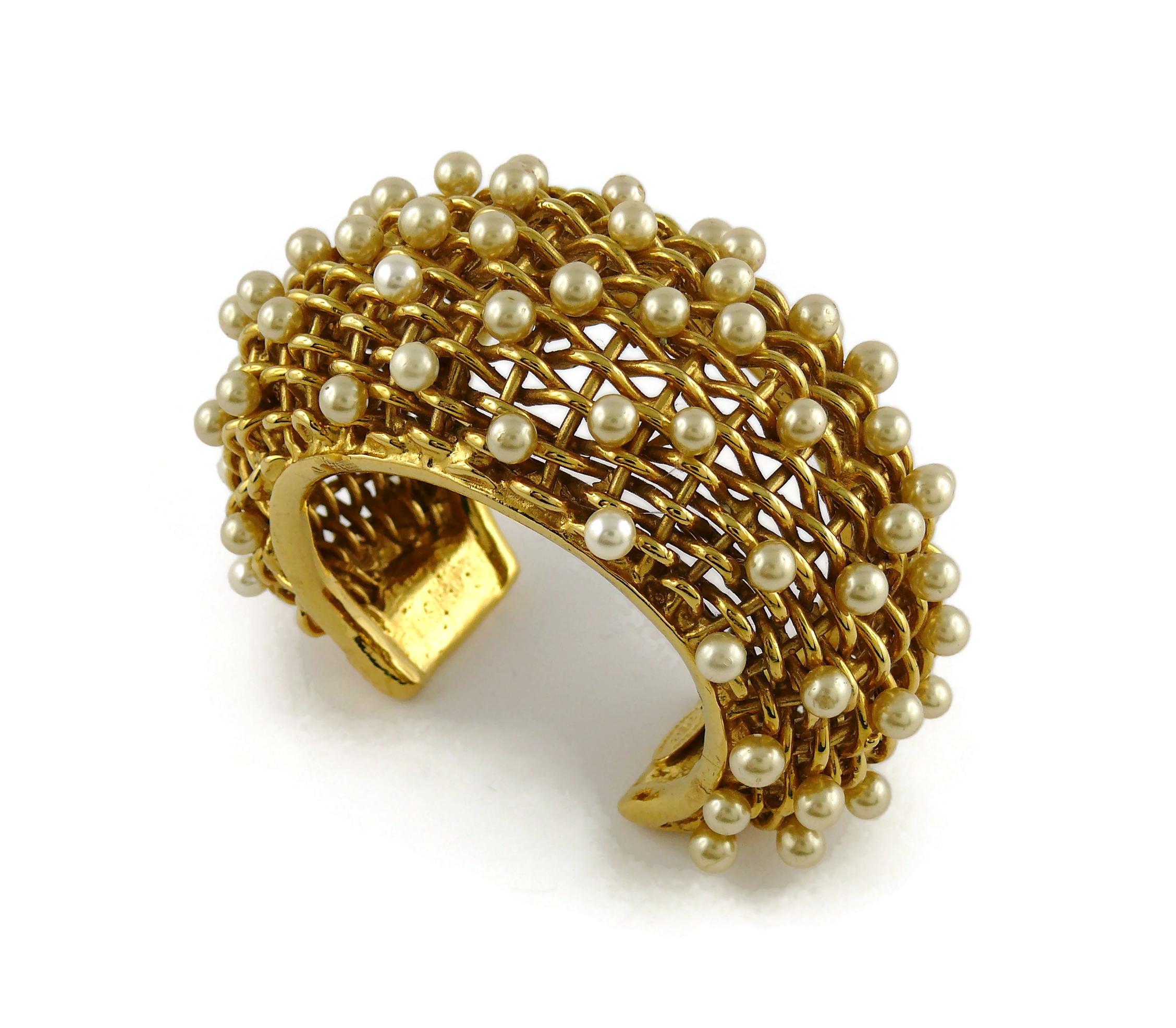 Women's Chanel Vintage 1988 Gold Toned Braided Pearl Wide Cuff Bracelet For Sale
