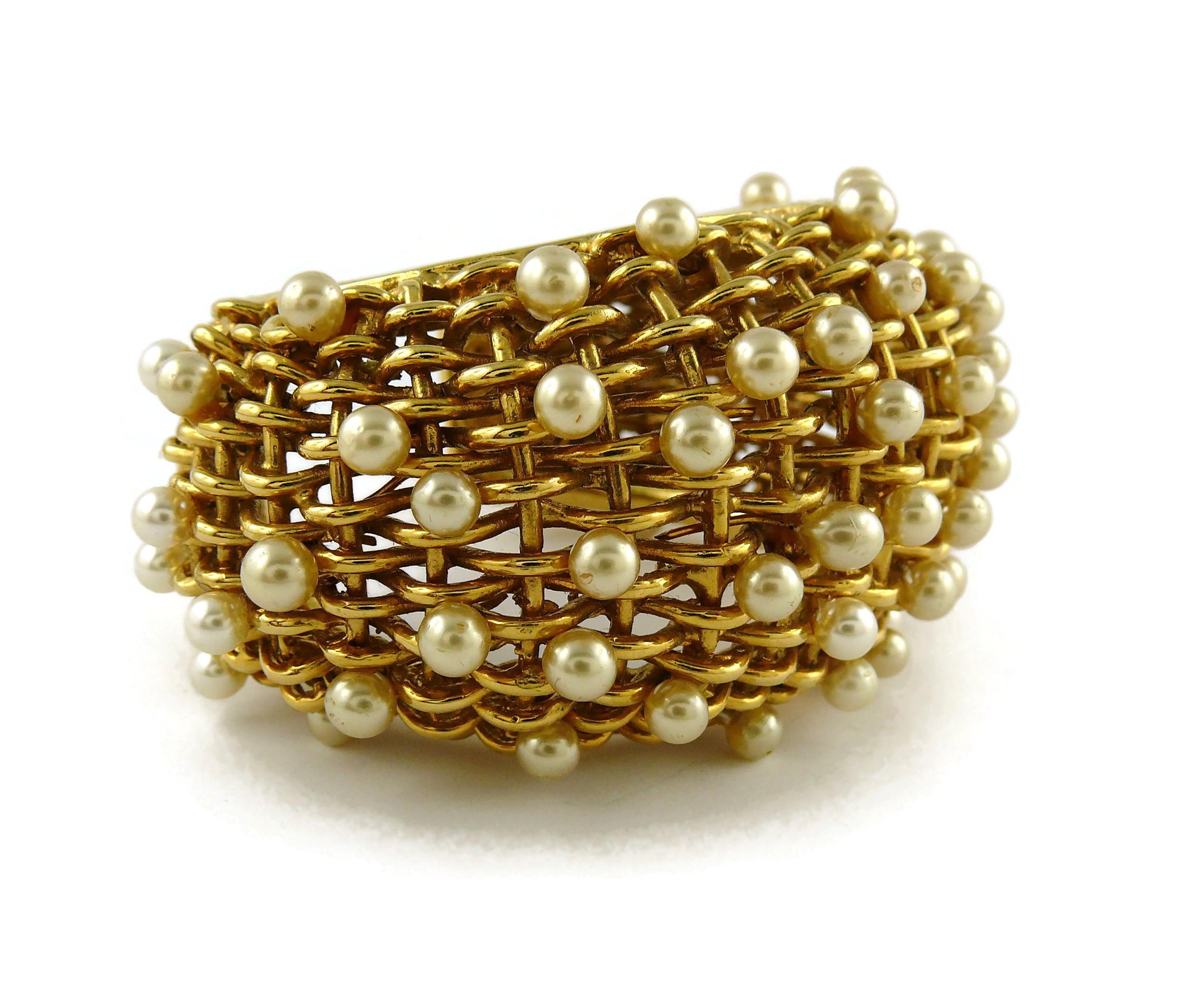 Chanel Vintage 1988 Gold Toned Braided Pearl Wide Cuff Bracelet For Sale 1