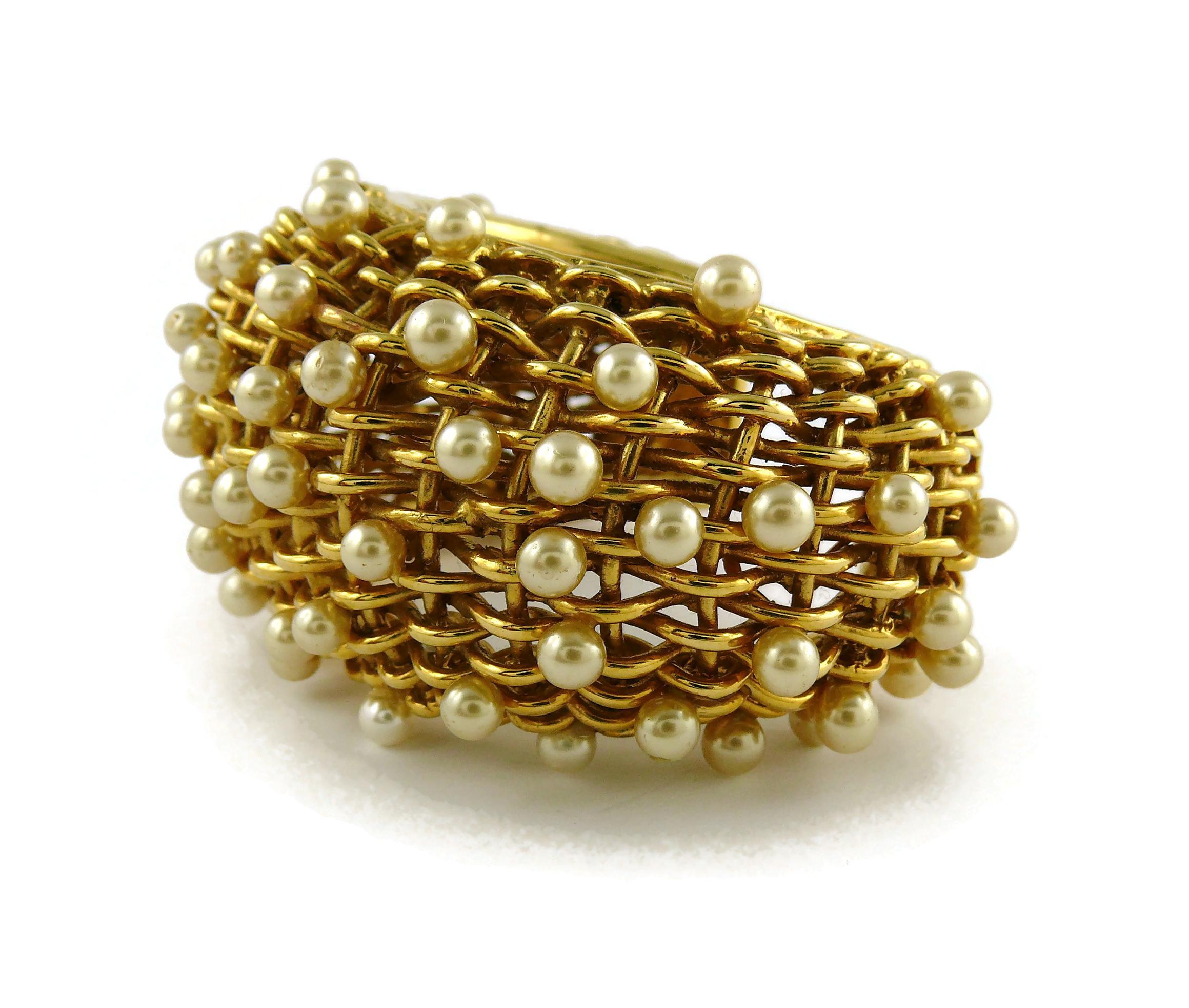 Chanel Vintage 1988 Gold Toned Braided Pearl Wide Cuff Bracelet For Sale 2