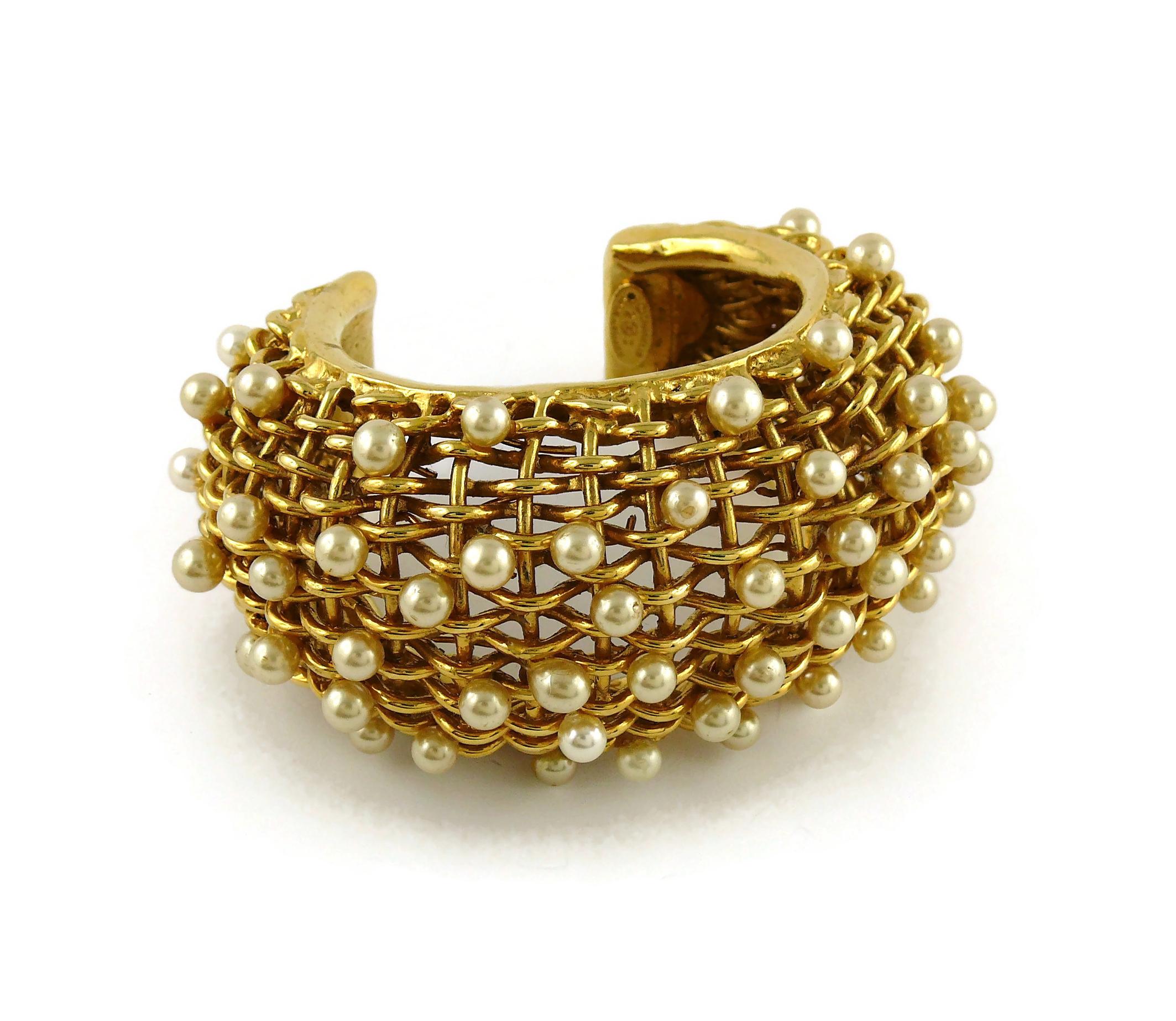 Chanel Vintage 1988 Gold Toned Braided Pearl Wide Cuff Bracelet For Sale 3