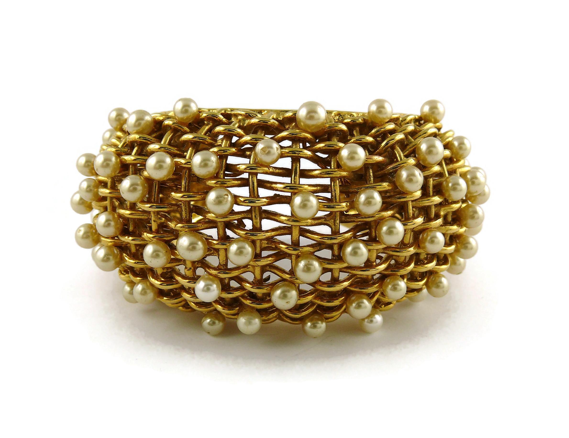 Chanel Vintage 1988 Gold Toned Braided Pearl Wide Cuff Bracelet For Sale 4