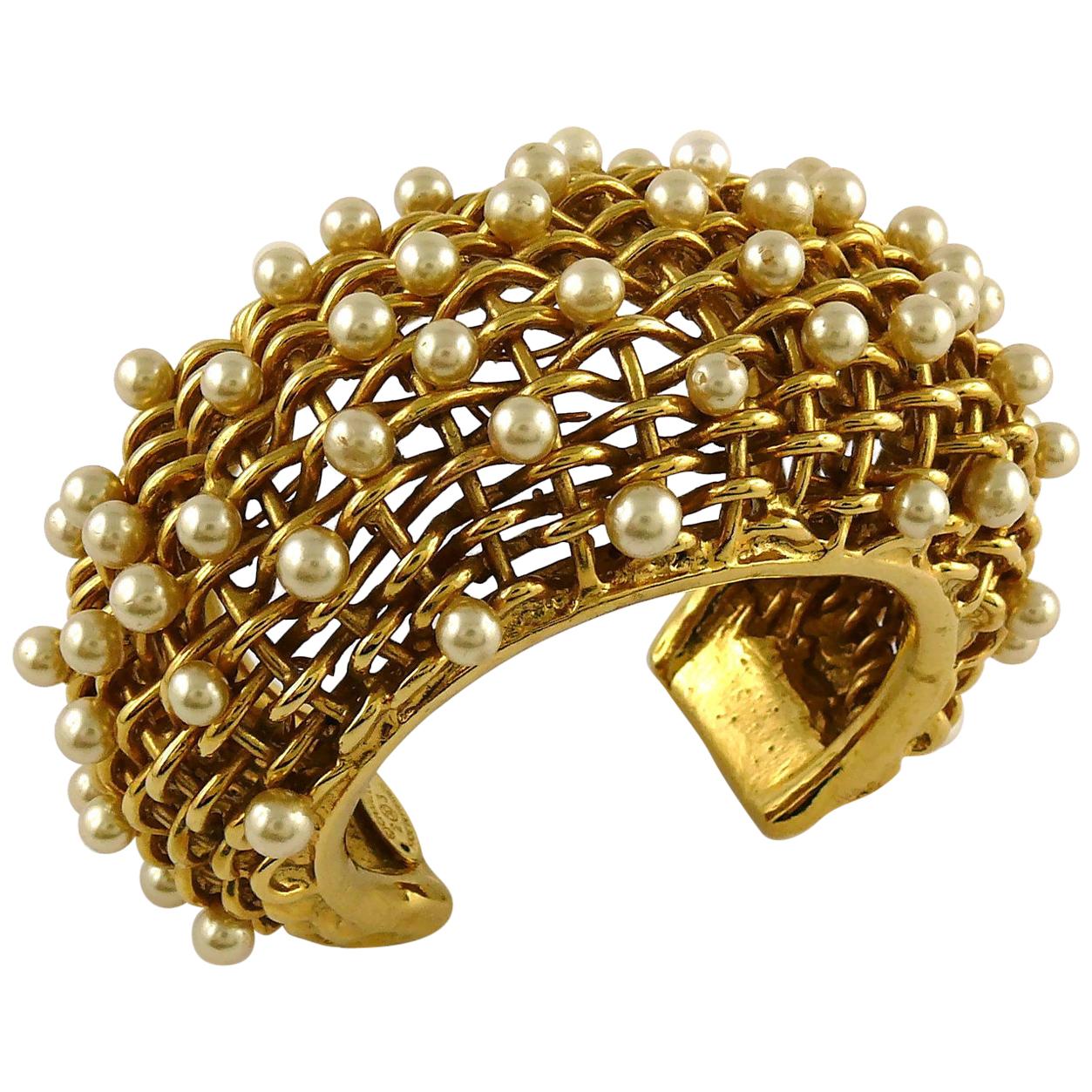 Chanel Vintage 1988 Gold Toned Braided Pearl Wide Cuff Bracelet For Sale