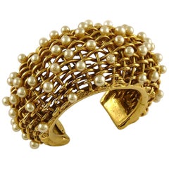 Chanel Vintage 1988 Gold Toned Braided Pearl Wide Cuff Bracelet