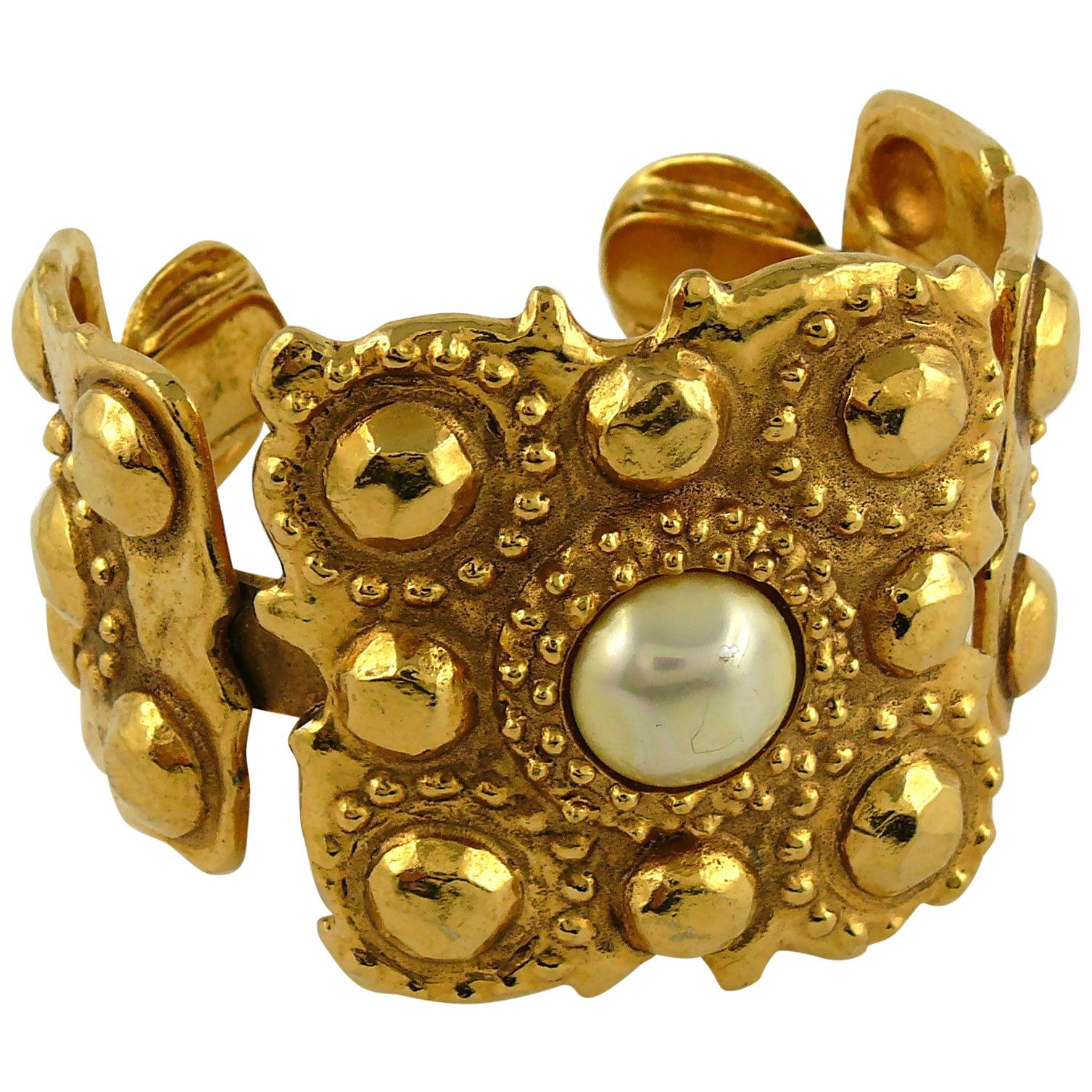 Chanel Vintage 1988 Gold Toned Byzantine Pearl Cuff Bracelet
