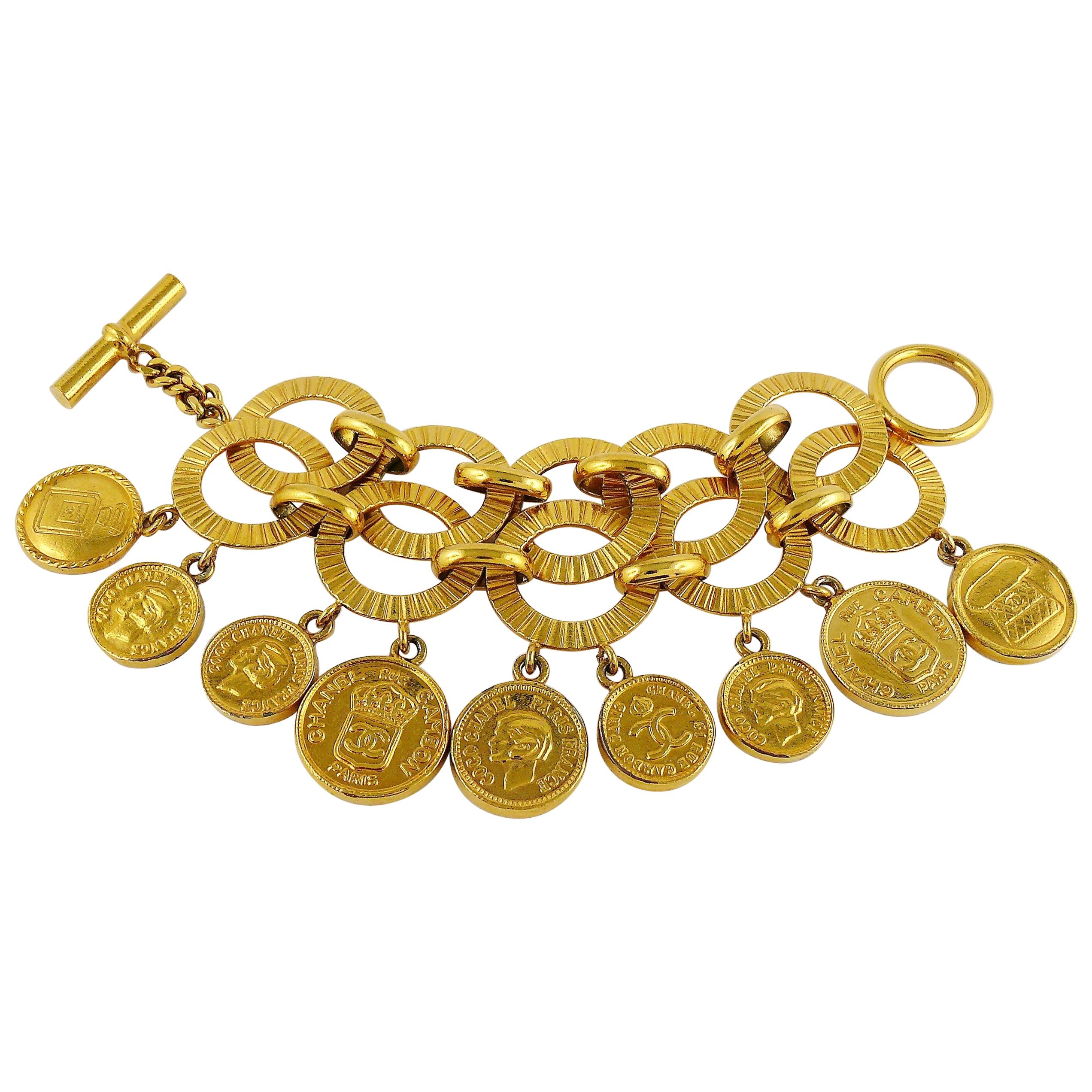 Chanel Vintage 1988 Gold Toned Coin Charm Cuff Bracelet