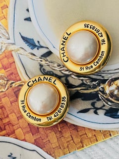 CHANEL Vintage 1988 Huge Black Logo White Round Circle Pearl Cambon Tel Earrings