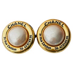 CHANEL Vintage 1988 Huge Black Logo White Round Circle Pearl Cambon Tel Earrings