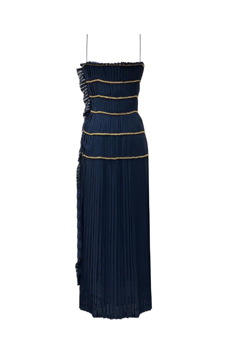 chanel navy blue dress Chanel vintage 1988 pleated navy blue silk dress M For Sale at 1stDibs