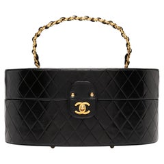 Chanel Vintage 1988 Quilted Black Lambskin Train Case Leather Home Decor Trunk