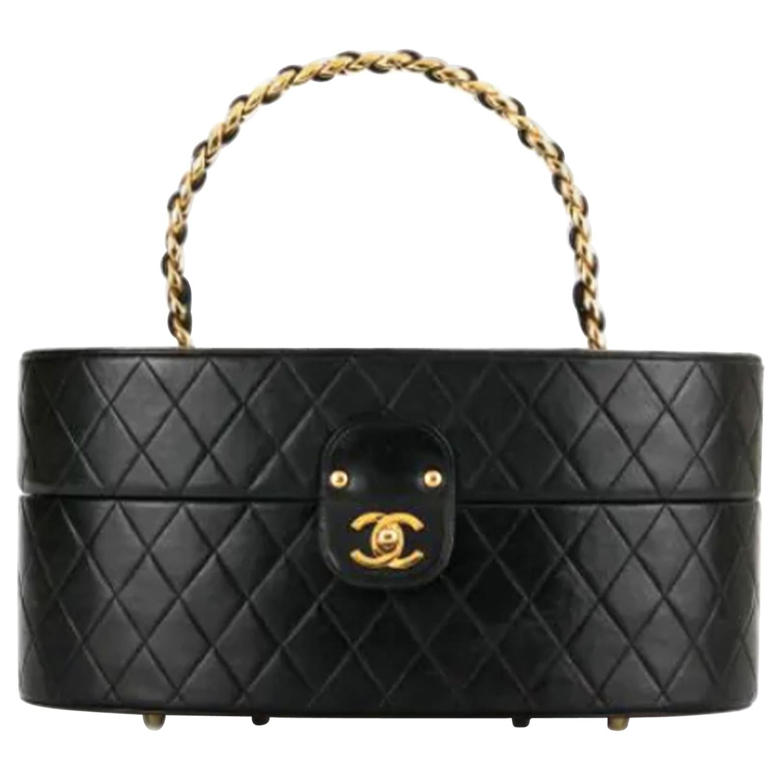 Chanel Vintage 1988 Quilted Black Lambskin Train Case Leather Home Decor Trunk For Sale