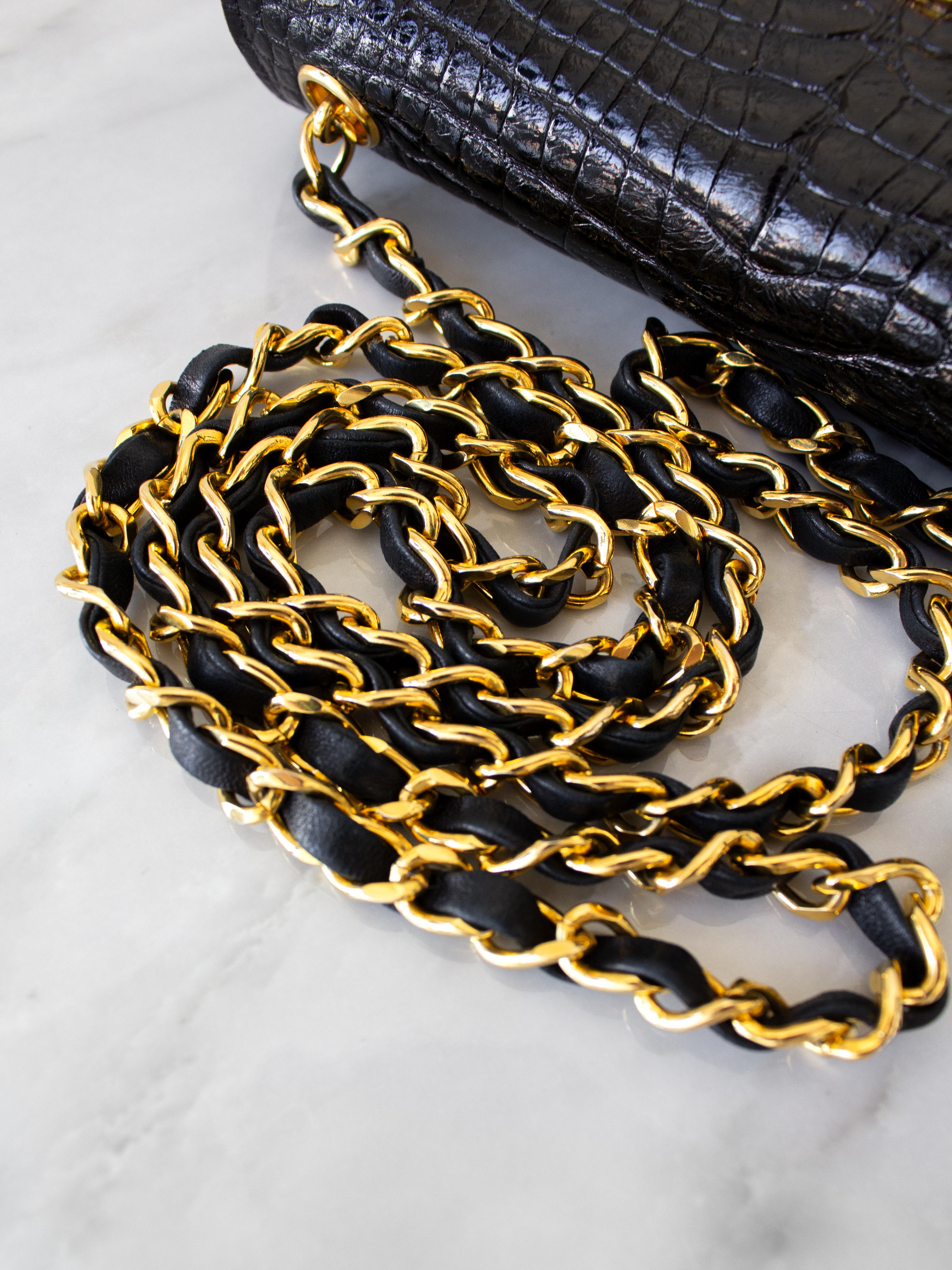 Chanel Vintage 1989 Classic Mini Flap Black Alligator 24K Gold Plated Bag For Sale 14