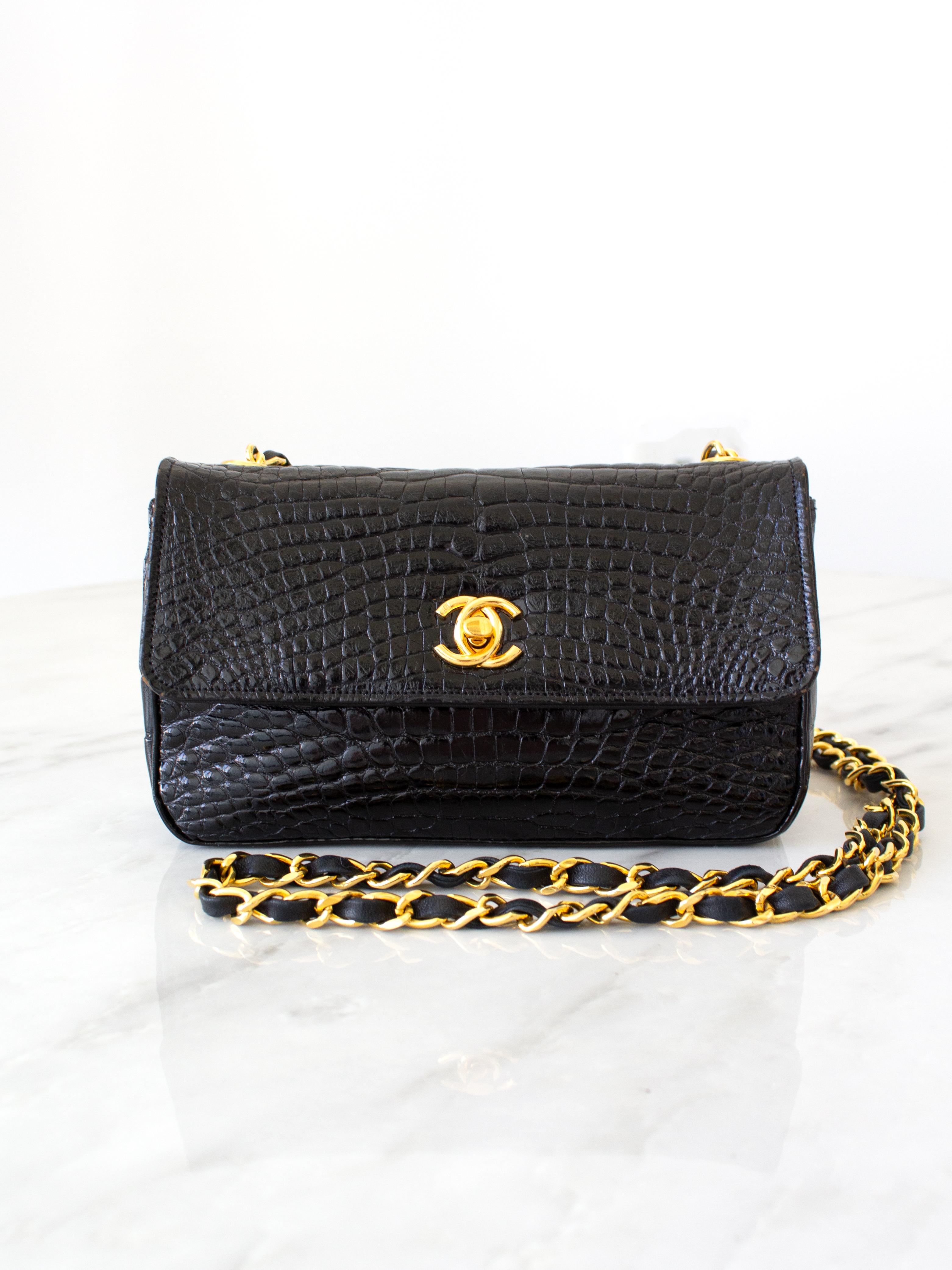 Introducing vintage Chanel classic mini flap from 1989. Crafted from luxurious black alligator leather and adorned with exquisite 24K Métal Doré Plaqué hardware ( Classic Gold Heavy Plated- Purest ), this piece exudes sophistication. A true