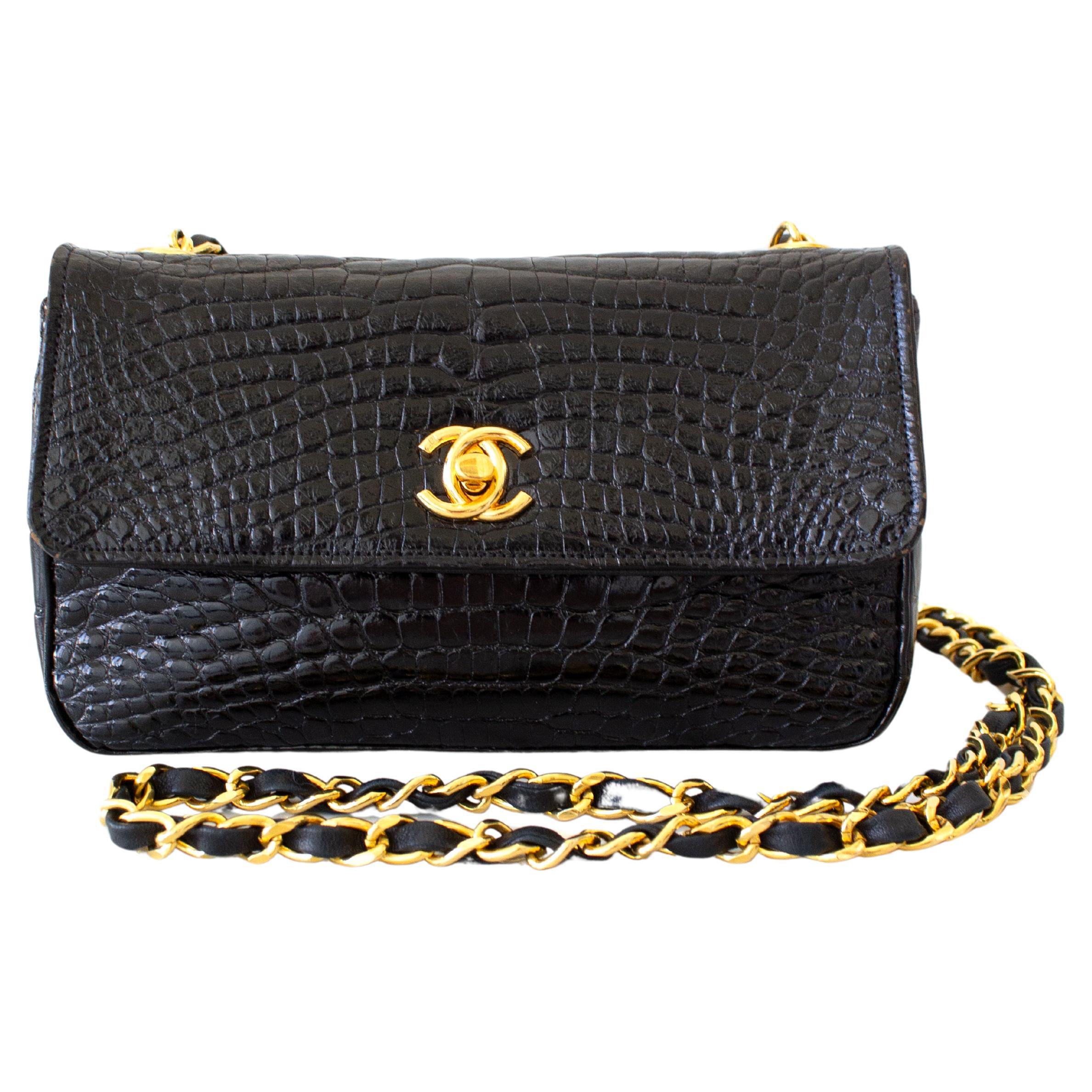Chanel Vintage 1989 Classic Mini Flap Black Alligator 24K Gold Plated Bag For Sale