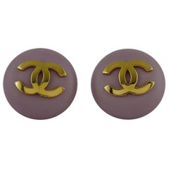 Chanel Vintage 1989 Large Purple Macaron Logo Clip-On Earrings
